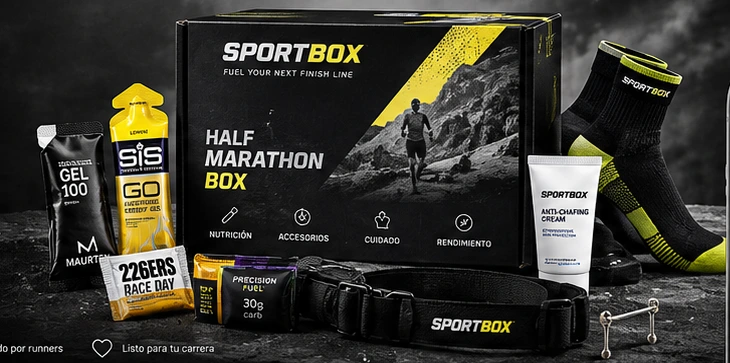 Concepto visual SPORTBOX Half Marathon Box con nutrición y accesorios de carrera